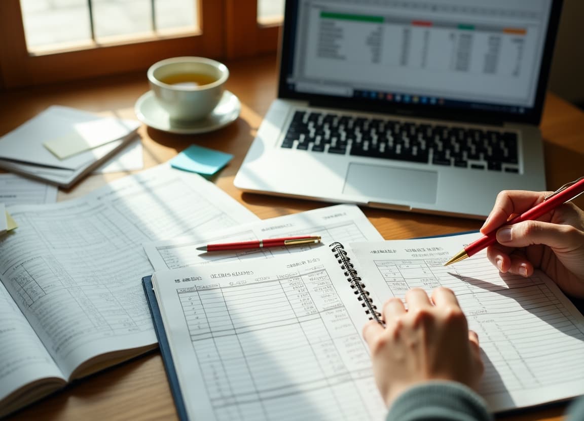 紙の家賃台帳・Excel印刷物・ノートPCが机いっぱいに広がり、赤ペンで記入している様子