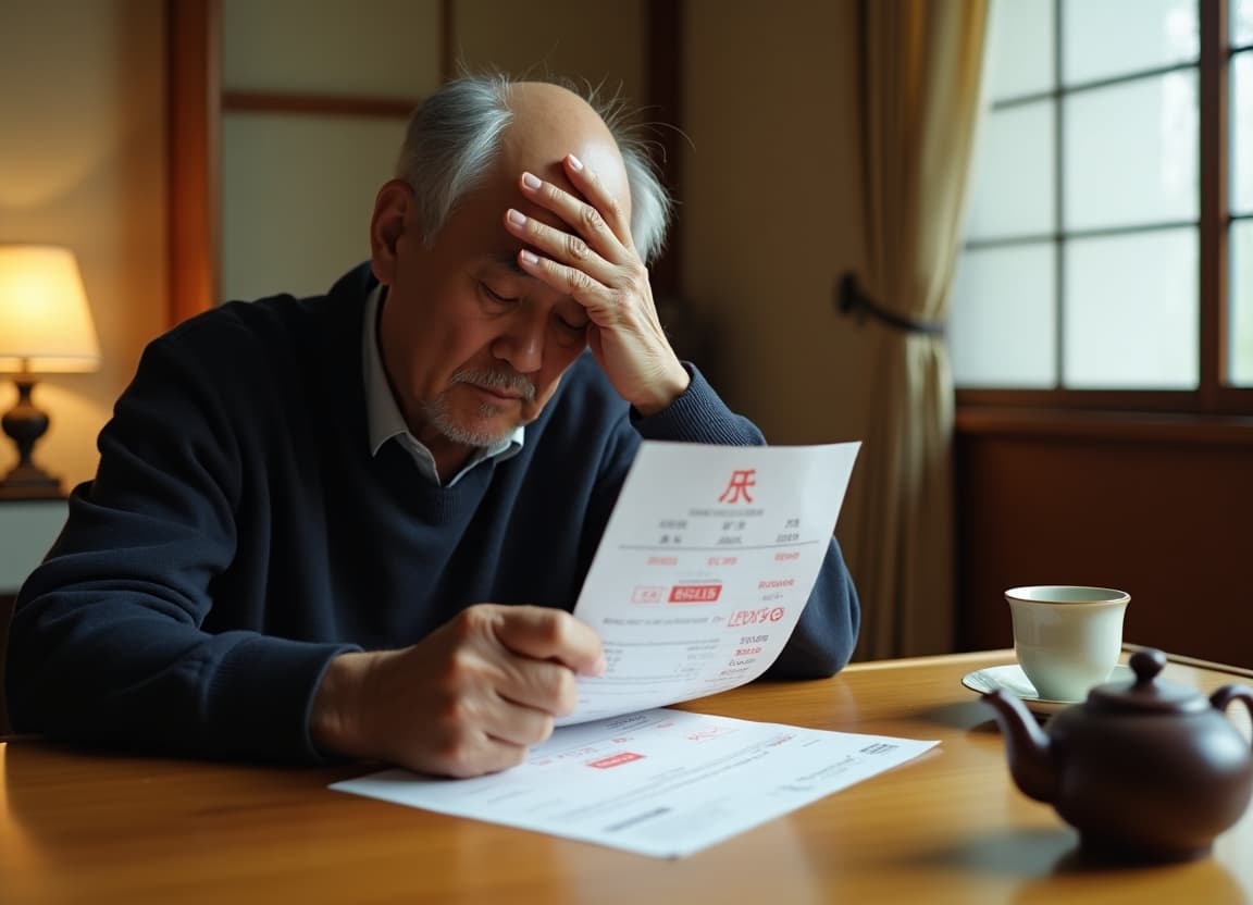 和室で管理会社の請求書を手に、額に手を当てて費用負担を憂える年配の大家さん