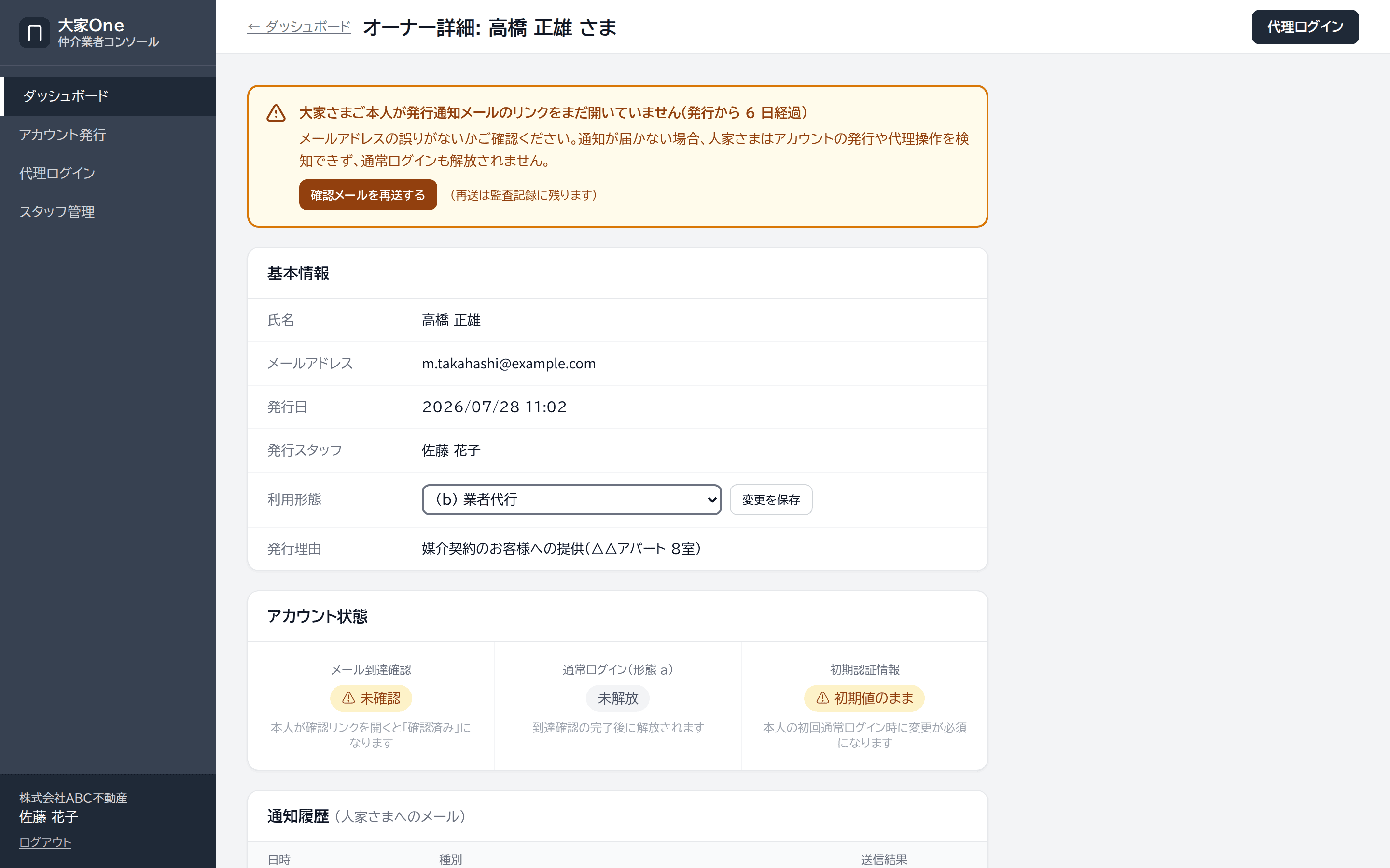 オーナー詳細画面。氏名・メールアドレス・発行日・発行スタッフ・利用形態と、メール到達確認や通常ログイン解放の状態が表示されている